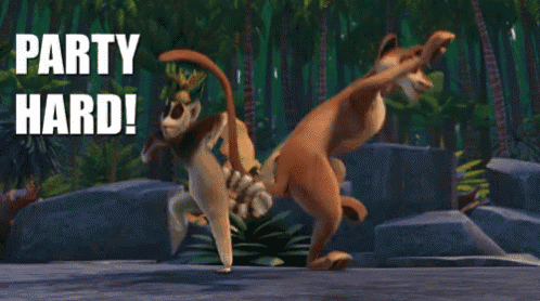 a group of cartoon animals are dancing with the words party hard written above them