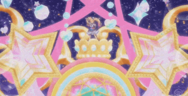 a colorful background with a crown and stars