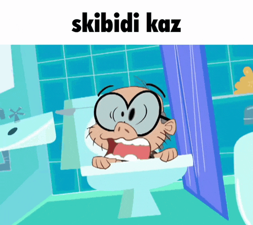 a cartoon of a man brushing his teeth in a bathroom with the words skibidi kaz below him
