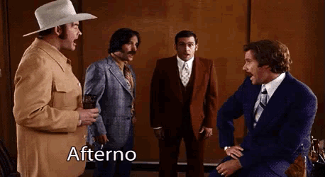 a group of men are standing around talking and the word afterno is on the bottom left