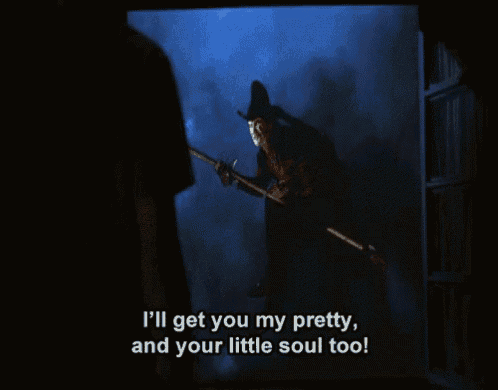 freddy krueger is flying on a broom and saying i 'll get you my pretty and your little soul too ..