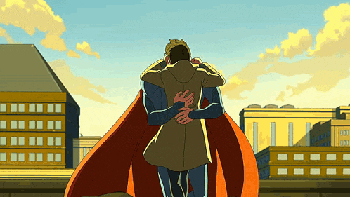 a man in a cape is hugging another man in a trench coat