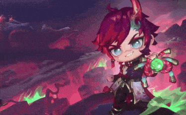 a cartoon character with red hair and horns is holding a green toy