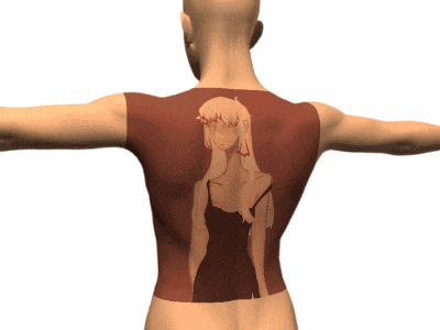 a woman 's back has a picture of a girl with long hair on it