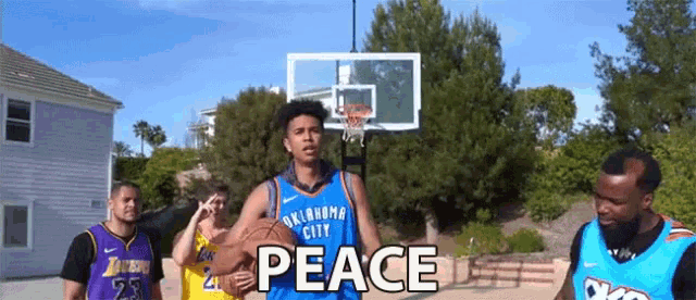 a basketball player from oklahoma city is holding a basketball in front of a basketball hoop