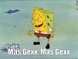a cartoon of spongebob laughing with the words mas gexx mas gexx