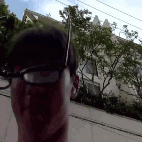 a man wearing glasses stands in front of a building and trees