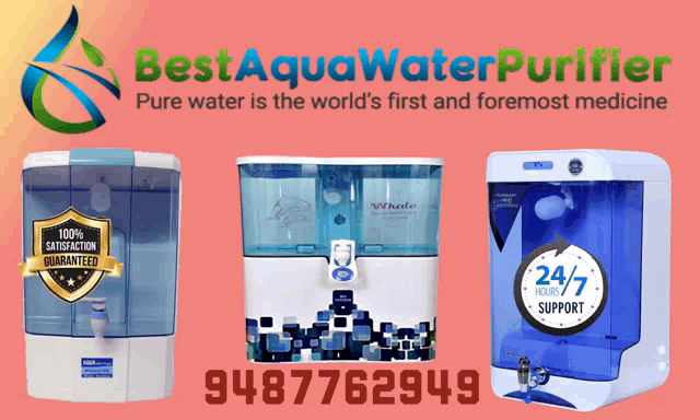 three water purifiers are displayed on a pink background with the words best aqua water purifier
