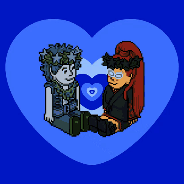 a pixel art drawing of a boy and a girl sitting next to each other in a heart
