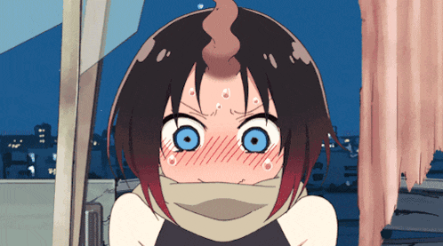 a cartoon girl with a scarf around her neck has a surprised expression on her face