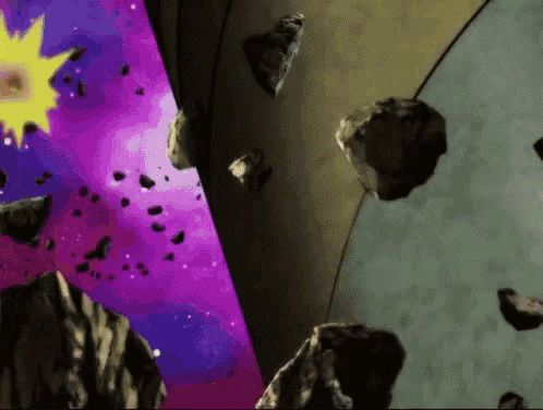 a bunch of rocks are flying through a purple and blue space
