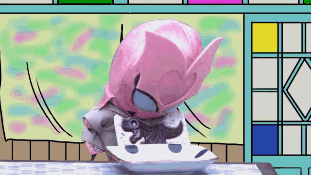 a cartoon character is sitting at a table with a plate on it