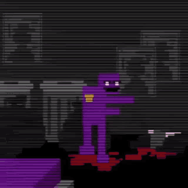 a purple cartoon character is standing in the dark in a room .