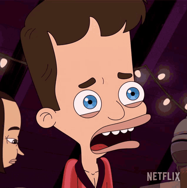 a cartoon of a man with a surprised look on his face and a netflix logo in the corner