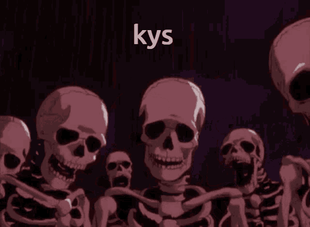 a group of skeletons are standing next to each other and the word kys is on the bottom