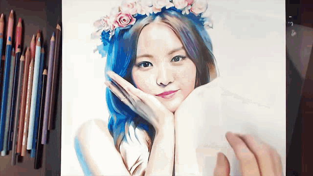 a drawing of a woman with blue hair and a flower crown on her head