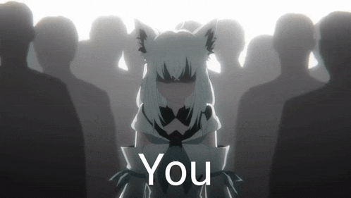 a girl with a cat ear is standing in front of a crowd and the word you is on the bottom right