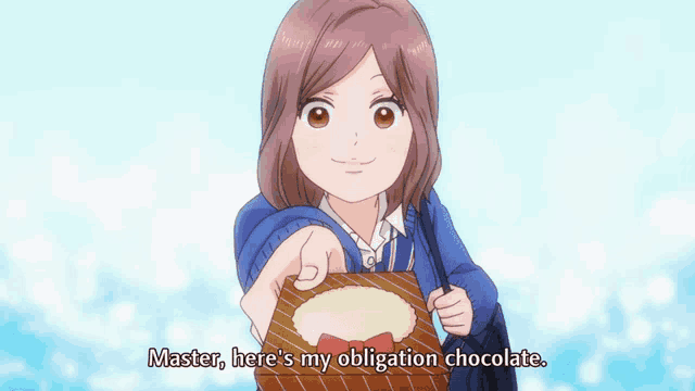 a cartoon girl is holding a piece of cake and says master here 's my obligation chocolate