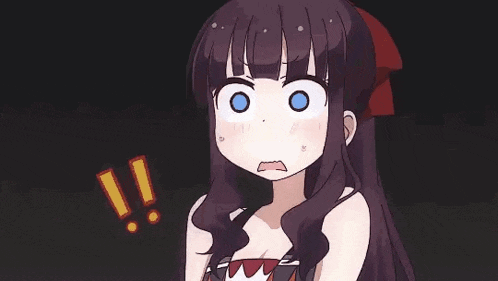 a cartoon girl with a surprised look on her face is standing in a dark room .
