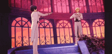 a couple of anime characters are standing next to each other in front of a building with a lot of windows .