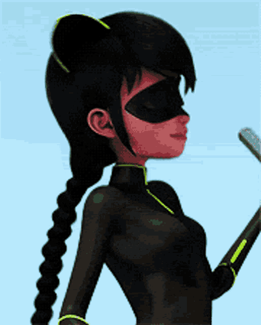 a close up of a cartoon character with a cat ear on her head