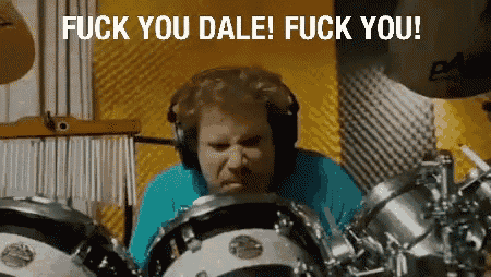 a man wearing headphones playing drums with the words fuck you dale fuck you