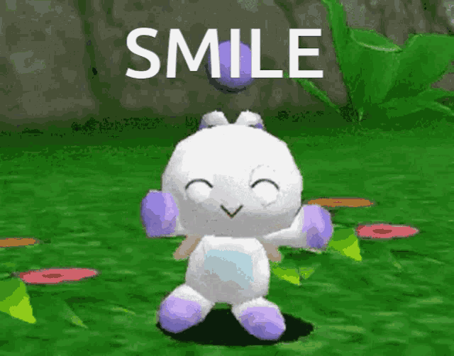 a stuffed animal with purple ears is standing in the grass with the word smile behind it .