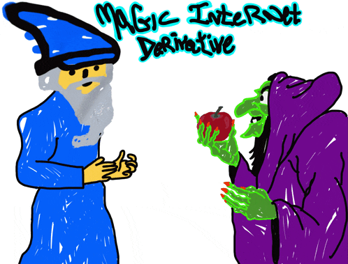 a drawing of a wizard and a witch with the words magic internet derivative on the bottom