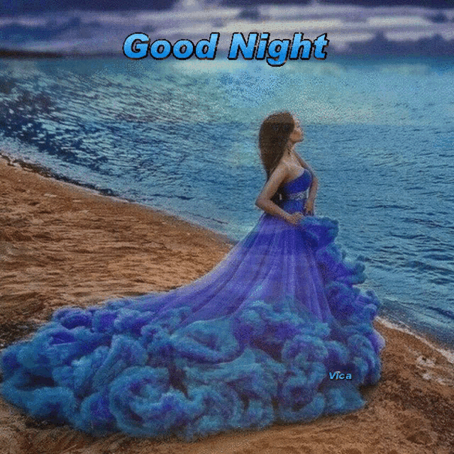 a woman in a long blue dress is standing on a beach with the words good night written above her