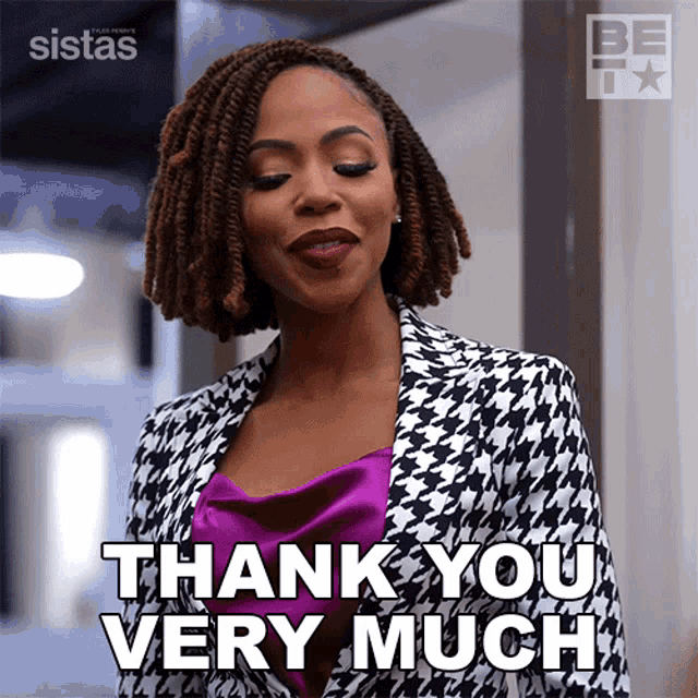 a woman says thank you very much with a sistas logo in the background