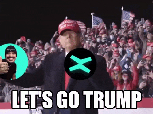 a man wearing a maga hat is standing in front of a crowd and says let 's go trump