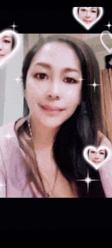 a woman with hearts around her face is smiling