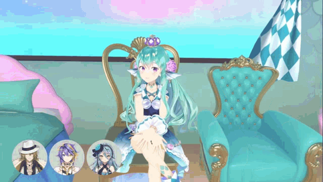 a girl with green hair is sitting in a chair in a room