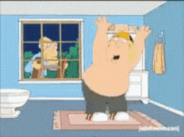 a cartoon of a man standing on a rug with his arms in the air