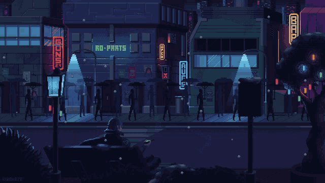 a pixel art drawing of a city at night with a sign that says offline