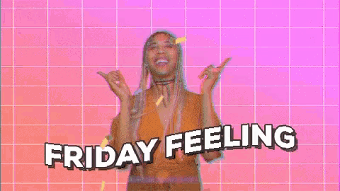 a woman is dancing in front of a pink background and the words `` friday feeling '' .