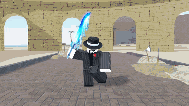 a man in a suit and top hat holds a blue sword