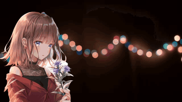 a girl with brown hair and blue eyes is holding flowers