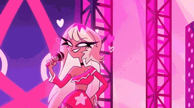 a cartoon girl is holding a microphone on a stage .