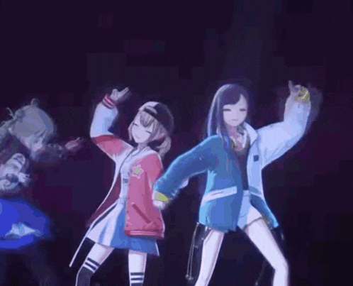 two anime girls are dancing in a dark room .