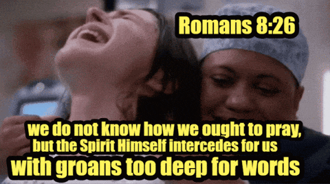 a picture of a woman laughing with romans 8:26 written above her