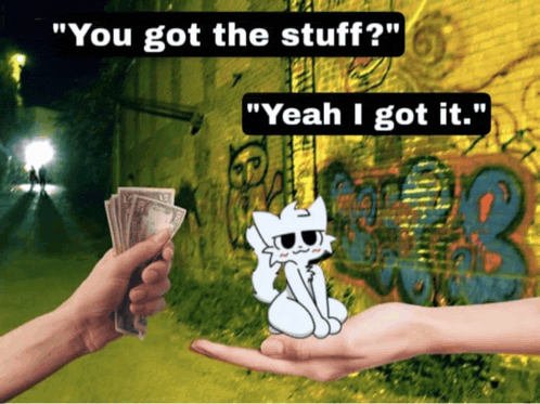 a cartoon of a cat being handed money with the words " you got the stuff yeah i got it " above it