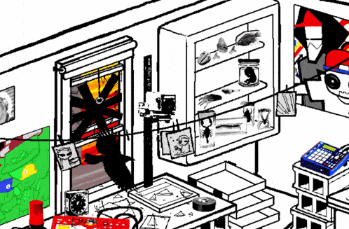 a black and white drawing of a room with a clock and a jar of bugs