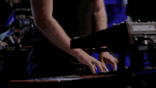 a man is playing a keyboard that says spectoral on it