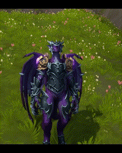 a purple dragon is standing in a grassy field