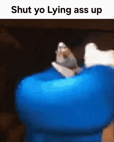 a hamster is laying on top of a blue object with the words shut yo lying ass up below it