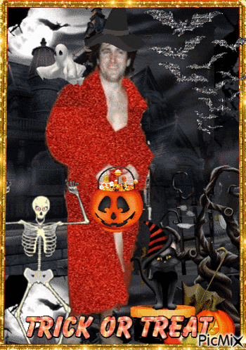 a picture of a man in a red robe holding a pumpkin with the words trick or treat on it