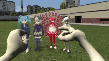 a hand is pointing at a group of anime characters including a cat and a peacock