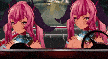 two anime girls are sitting in a car with a steering wheel