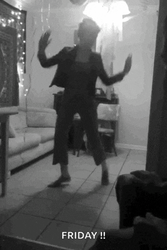 a black and white photo of a woman dancing in a living room with the words friday below her